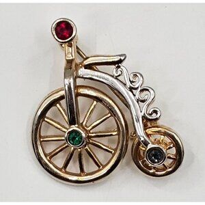 Vintage Gold Tone High Wheel Bicycle Pin Brooch Signed NLH Rhinestone